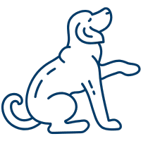 Blue line art dog icon sitting in profile on black background