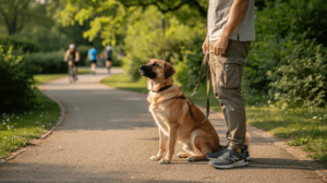 Stop dog barking with calm leash training in the park