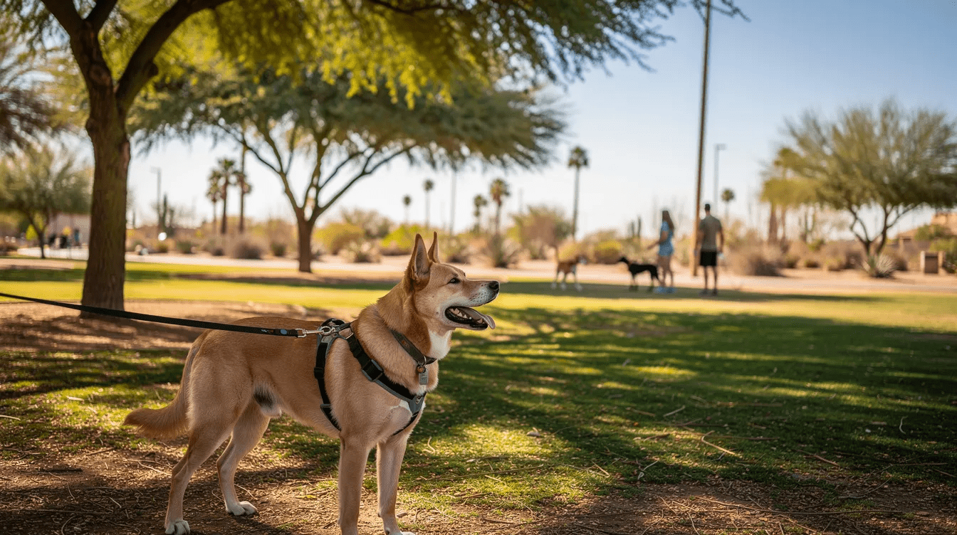 Dog training door manners Phoenix AZ with leashed dog