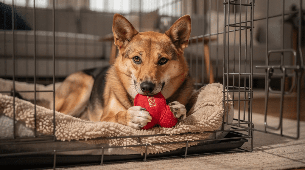 Dog separation anxiety crate with comfort toy