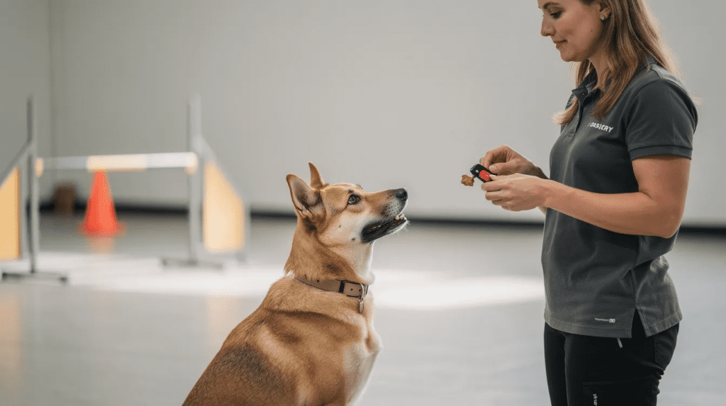 Marker training for dogs with a clicker and trainer