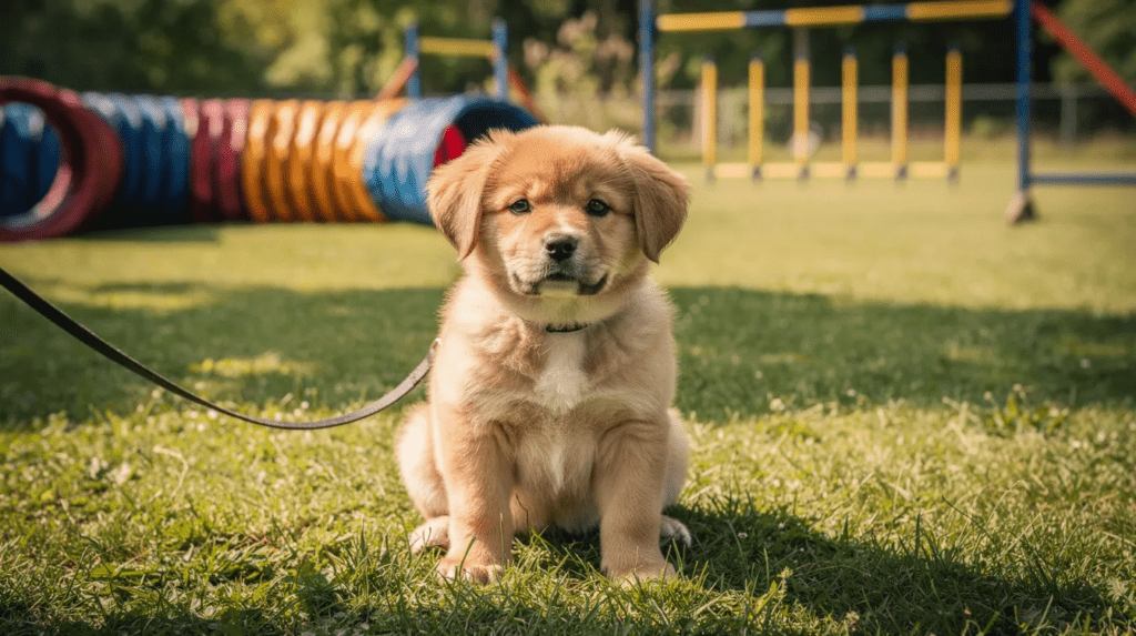 Puppy practicing marker training for dogs outdoors