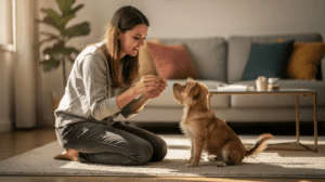 Woman using marker training for dogs with a puppy