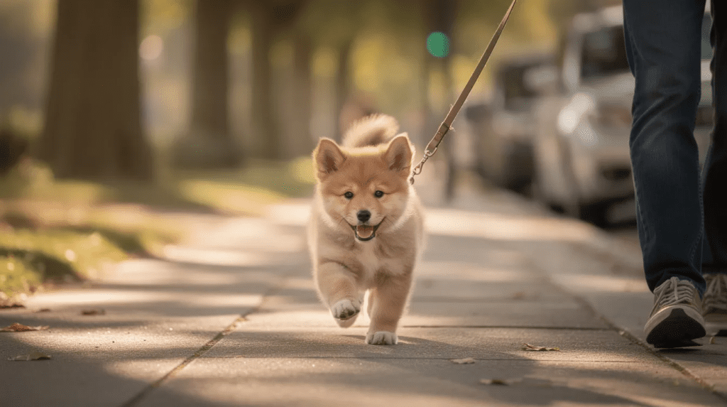 Puppy practicing marker training for dogs on a walk