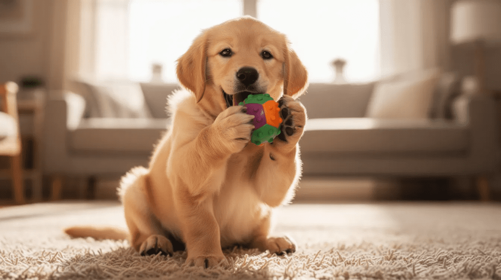 Puppy behavior problems shown by chewing a toy indoors