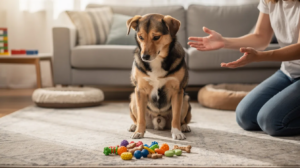 The image depicts a dog in a down position, patiently waiting for a treat held in an open hand, showcasing impulse control training. The dog's focused expression and attentive posture illustrate the concept of self-control as it prepares to respond to a release cue.