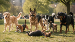 The dog's body posture is open, and its soft eyes convey a friendly demeanor, indicative of canine communication and emotional well-being.