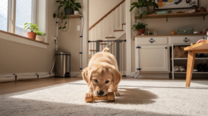 You can see chew toys scattered on the floor, baby gates securing certain areas, and electrical cords neatly tucked away to prevent potential hazards for a curious puppy.