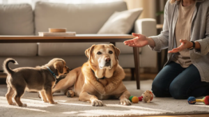 The image depicts a calm scene where an older dog and a new puppy are meeting for the first time in a neutral area, with a person observing them closely. The two dogs exhibit relaxed body language, signaling a positive introduction as they begin to familiarize themselves with each other's scent.