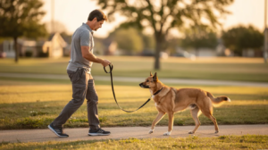 The image depicts a person gently guiding a rescue dog on a loose leash during a training session in a park, demonstrating the principles of loose leash walking. The dog appears calm and focused, with leash slack indicating a relaxed and effective walking technique.