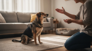 The setting suggests a training environment, highlighting the bond between the dog and the owner as they practice stay training amidst potential distractions.