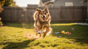 Its body language, with a wagging tail and wide eyes, reflects the normal behavior of dogs experiencing zoomies, a common expression of pent-up energy and joy.