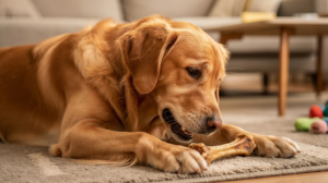Golden dog chewing a bone at dog training Paradise Valley AZ
