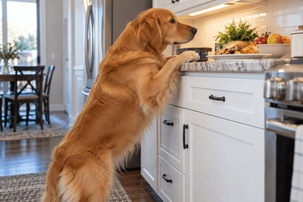 Golden retriever practicing dog counter surfing training