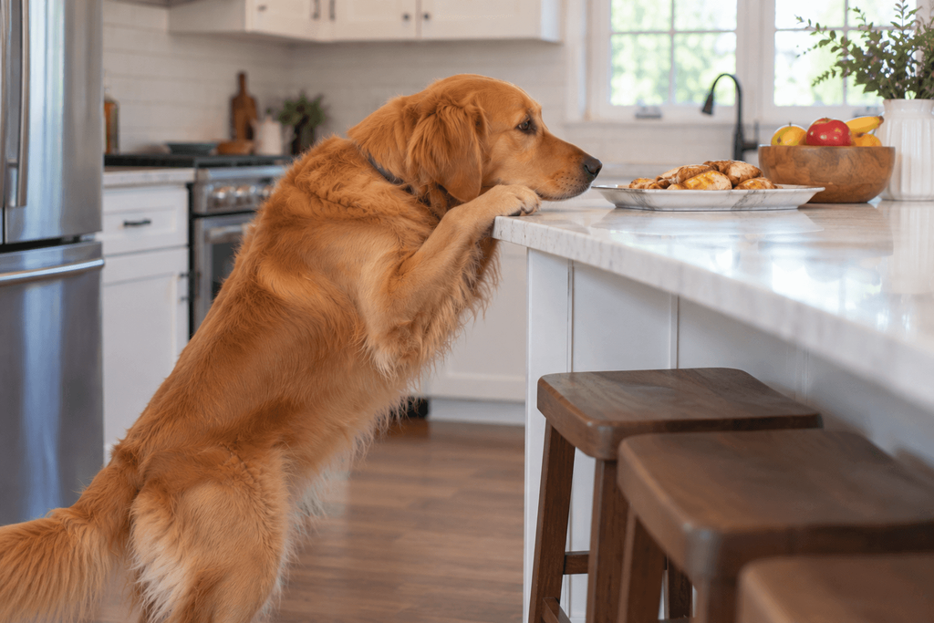 Trainer teaching dog counter surfing training near a counter